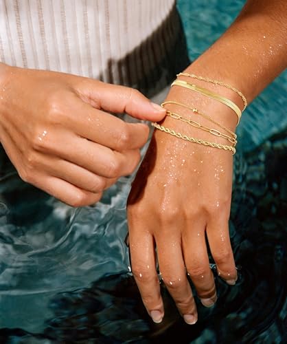 Gold Bracelet for Women, Waterproof Jewelry,5PCS | 14K Gold Plated Bracelets Stacks Non-Tarnish, Lightweight & Comfy, Trendy Adjustable Dainty Links, Women’s Jewelry Gift - color: 5 pcs Big Satellite+Box+Bead+Twist+Small Satellite