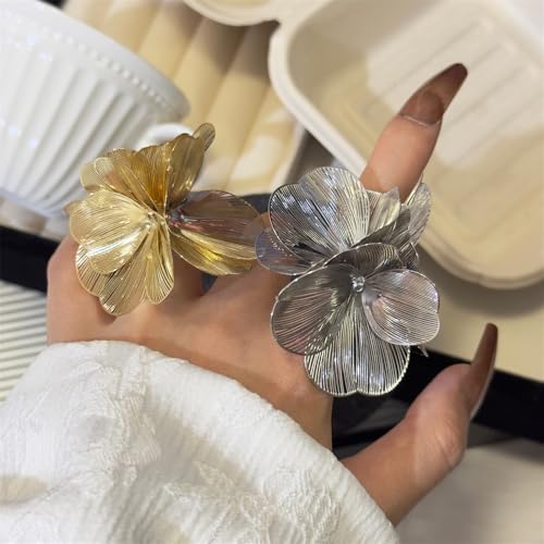 Elegant Big Flower Statement Rings For Women Bohemian Exaggerated Large Metal Floral Hip Hop Punk Ring Fashion Cubic Zirconia Crystal Stamen Adjustable Open Ring Birthday Friendship Christmas Jewelry Gift - color: Gold