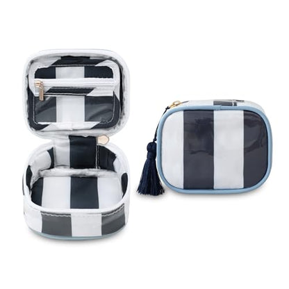 Travel Jewelry Case, White and Navy | Clear Coated, Stripe, Tassels, Mini Storage Box for Ring,Necklace,Bracelet,Gift - color: White+Navy