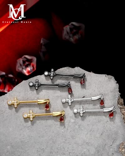 Sword Nipple Rings 316L Stainless Steel Dangle Nipple Piercing Jewelry 14G Dagger Nipple Barbells 14mm Nipple Piercing Rings - color: Silver