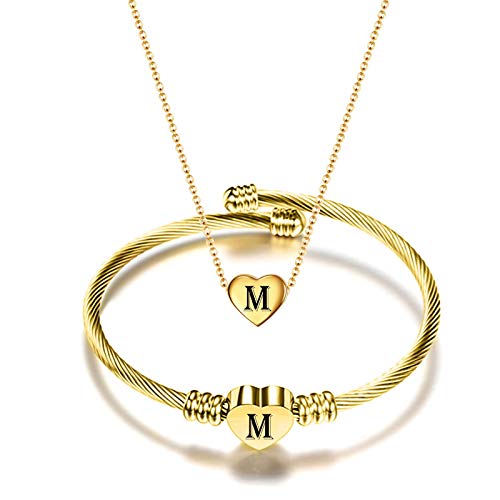 MYNENEY Necklace and Bracelet for Women Stainless Steel Initial Jewelry Set - color: Gold-M