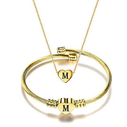 MYNENEY Necklace and Bracelet for Women Stainless Steel Initial Jewelry Set - color: Gold-M