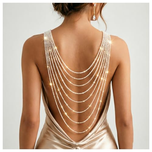 Multi Layer Rhinestone Back Drop Necklace, Silver Gold Layered Tassel Back Chain, Crystal Back Necklace Jewelry for Bridal Wedding, Evening Party, Open Back Jewelry for Women Dress - color: Silver