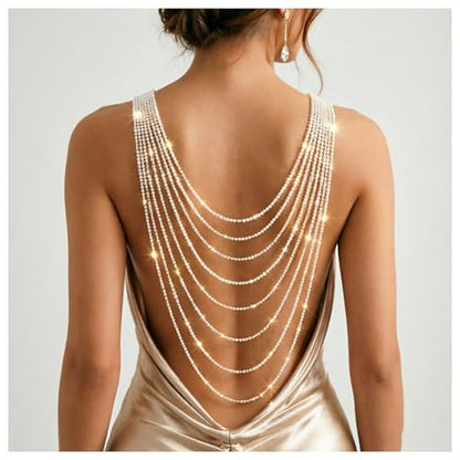 Multi Layer Rhinestone Back Drop Necklace, Silver Gold Layered Tassel Back Chain, Crystal Back Necklace Jewelry for Bridal Wedding, Evening Party, Open Back Jewelry for Women Dress - color: Silver