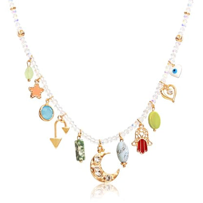 ORIGENCE Sun Heart Necklace for Women 18K Gold Plated Heart Pendant Necklace Chunky Chain Choker Necklaces Hip Hop Charm Necklaces Trendy Unisex Jewelry - style: 11Charm-Glass Bead