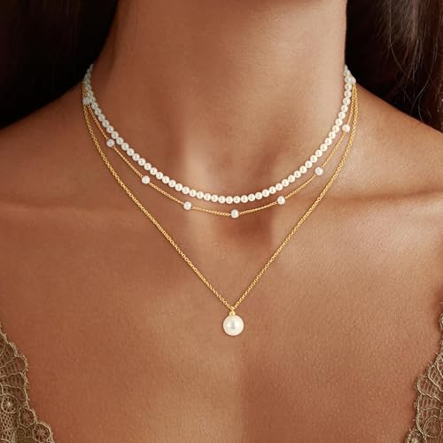 Pearl Necklaces for Women Trendy, 18K Gold/Silver Plated Layered Pearl Necklaces Dainty Pearls Choker Necklace and Earring Set Birthday Gifts for Mom Wife Daughter Sister Friends - color: Gold Pearl Necklace-3pcs
