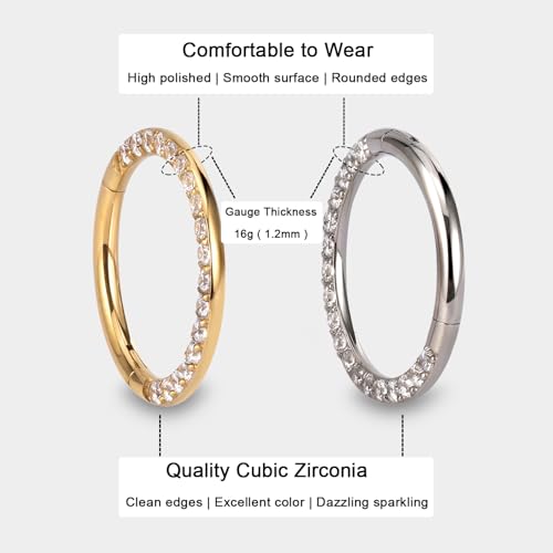 Titanium 16G Septum Ring Piercing Jewelry Nose Rings Hinged Clicker Hoop | G23 Titanium Silver Gold Hinged Segment Daith Piercing Jewelry Non-irritating , Clicker Septum Nose Piercing Jewelry Hoops - color: 07 Front face CZ-Silver, size: 16G-10mm