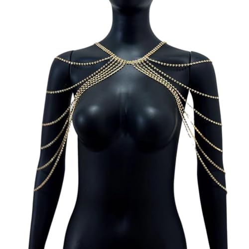 Rhinestone Shoulder Chain Jewelry,Multilayer Arm Tassel Chain Festival Rave Crystal Shoulder Chain Bridal Wedding Back Chain Necklace for Women - color: Gold