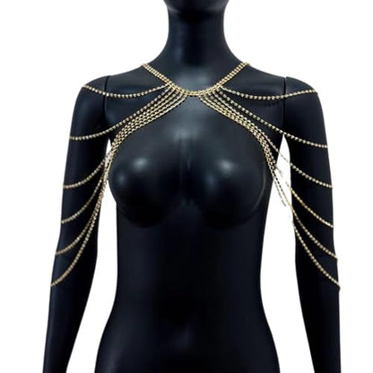 Rhinestone Shoulder Chain Jewelry,Multilayer Arm Tassel Chain Festival Rave Crystal Shoulder Chain Bridal Wedding Back Chain Necklace for Women - color: Gold