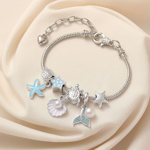Charm Bracelet Snake Chain Ocean Theme Mermaid Tail Blue Starfish Shell Faux Pearl Turtles Beaded Adjustable Jewelry - color: Silver