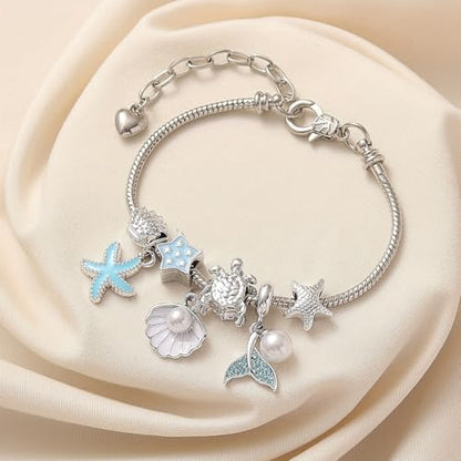Charm Bracelet Snake Chain Ocean Theme Mermaid Tail Blue Starfish Shell Faux Pearl Turtles Beaded Adjustable Jewelry - color: Silver