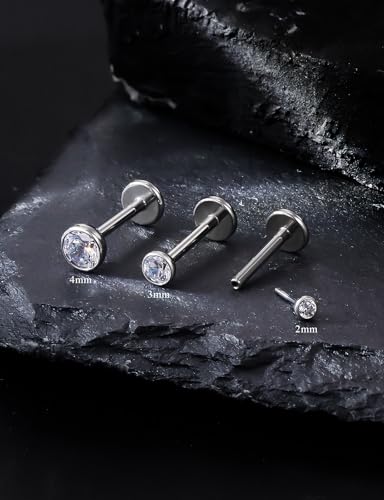 20G 18G 16G F136 Titanium Threadless Flat Back Earrings Nose Studs Tragus Forward Helix Conch Cartilage Lobe Earrings Medusa Labret Snake Bite Monroe Lip Ring Piercing Jewelry For Women Men - size: 20G-8MM Bar-CZ 3MM