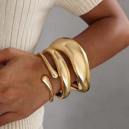 Chunky Gold Bangle Bracelets for Women, 14k Gold Plated Trendy Stackable Bangles Set, Dainty Cuff Bracelet Stack Jewelry for Gifts - color: Gold#B