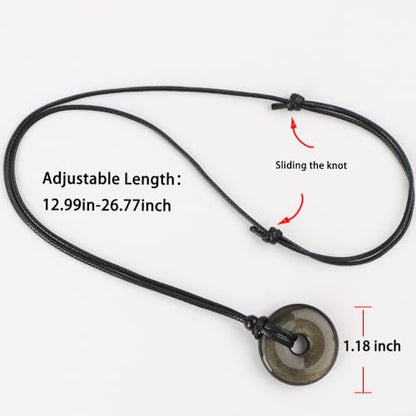 Anjiucc Natural Gemstone Pendant Necklce Lucky Coin Crystal Necklace Donut Pendnat with Adjustable Rope Healing Crystal for Men - color: Gold Sheen Obsidian