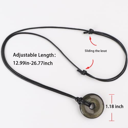 FANASY Natural Gemstone Pendant Necklce Lucky Coin Crystal Necklace Protection Donut Pendnat with Adjustable Rope for Men Women - color: Gold Sheen Obsidian