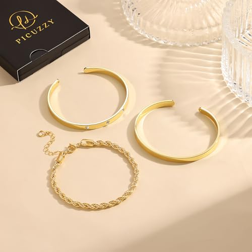 14K Gold Plated Stackable Bangle Bracelets for Women | Dainty Cuff Bracelets, Stackable for Women, Waterproof Bracelet Stack, Gold Jewelry Gifts Trendy Adjustable Accessories - color: 3-layer-C-Gold