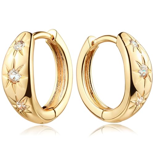 MEVECCO Chunky Huggie Hoop Earrings for Women Starburst Beaded Styles | 18K Gold Plated Brass, Triple Or Single Cubic Zirconia Star Details, Graduated Rounded Profile, Front Stone Row - style: Starburst Three
