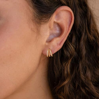 Gold Earrings for Women, Dainty Triple Huggie Earrings 14K Gold Plated Small Hoop Earrings for Women Trendy Cute Hypoallergenic Stud Earrings Unique Double Hoops Waterproof Womens Jewelry Gifts - color: gold plated-A