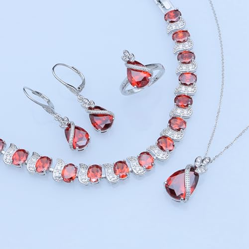 GZWHD Jewelry Set for Women CZ Earrings Necklace Ring Bracelet Set Prom Party Wedding Jewelry Gift for Mother Friend Wife - color: A-Garnet