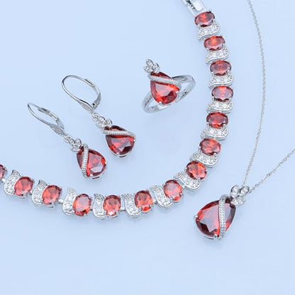 GZWHD Jewelry Set for Women CZ Earrings Necklace Ring Bracelet Set Prom Party Wedding Jewelry Gift for Mother Friend Wife - color: A-Garnet
