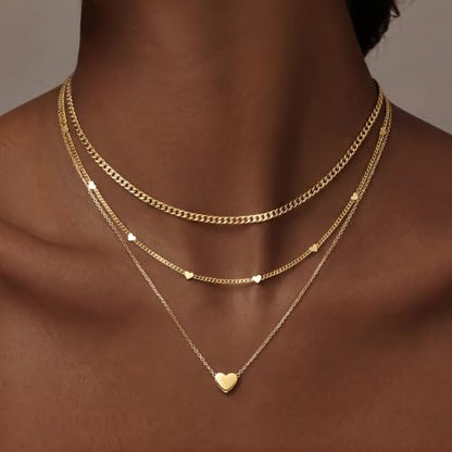 WomenGifts Layered Gold Necklaces for Women, 14K Gold Sterling Silver Plated Dainty Pendant Necklace Set Non Tarnish, Chunky Stackable Cuban Chain Choker, Trendy Birthstone Vacation Jewelry Gift - color: Gold, style: Heart Trio