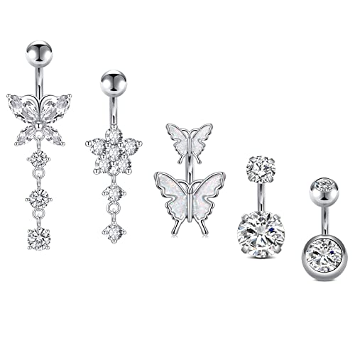 Incaton 14G Belly Button Rings, Stainless Steel Diamond Belly Rings For Women, Dangle Belly Button Rings With Butterfly, 6mm Short & 10mm Bar Navel Piercings - color: Silver 6mm