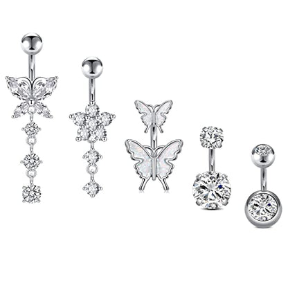 Incaton 14G Belly Button Rings, Stainless Steel Diamond Belly Rings For Women, Dangle Belly Button Rings With Butterfly, 6mm Short & 10mm Bar Navel Piercings - color: Silver 6mm