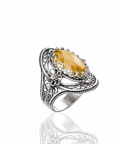 Filigranist 925 Sterling Silver Handcrafted Filigree Art Flower Pattern Woman Oval Statement Ring, Gift Boxed - color: Citrine