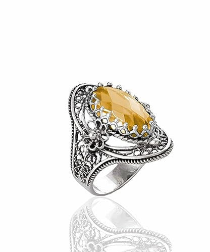 Filigranist 925 Sterling Silver Handcrafted Filigree Art Flower Pattern Woman Oval Statement Ring, Gift Boxed - color: Citrine