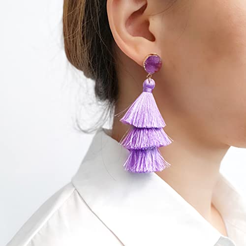 Bohemian Tiered Tassel Earrings with Druzy Stud for Women | Long Layered Fringe Drop Earrings, Statement Jewelry for Party Beach Festival - color: Purple