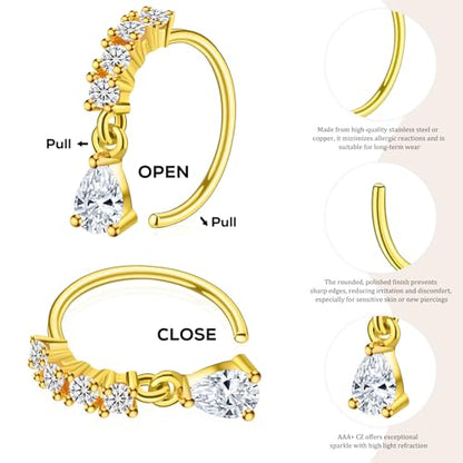 BSJ4U Hoop Nose Rings for Women Nose Piercings 20G Stainless Steel Nose Rings Hoops Heart Butterfly Flower Bow Teardrop Double Nose Hoops Gold Plated Silver Pink Clear CZ Nose Piercing Jewelry - color: Gold Plated Clear Nose Rings