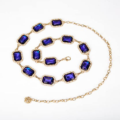 ILuvatar Green Glass Diamond Chain Belt - Metal Women's Western Style Dress Belt - color: Gold-s-blue