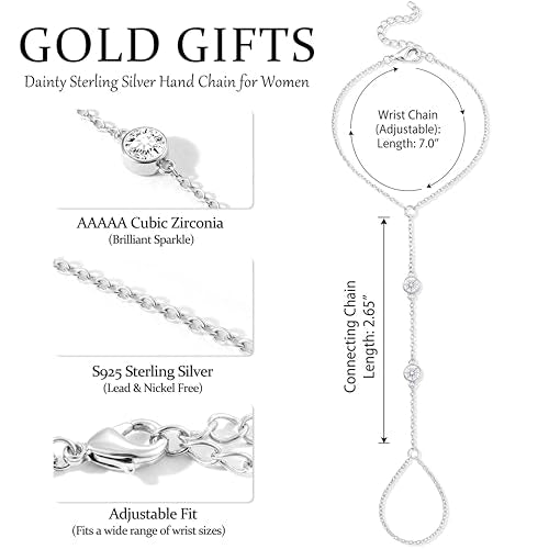 Waterproof 14K Gold Plated Hand Chain for Women Trendy, Non Tarnish Dainty Cubic Zirconia Finger Ring Bracelet, Summer Beach Hand Jewelry Minimalist Adjustable Simple Cute Gold Ring Chain Bracelets Fashion Gifts - color: Silver