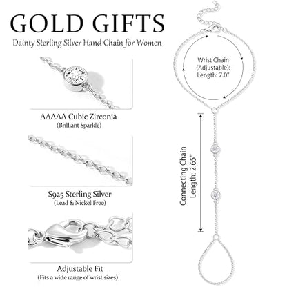 Waterproof 14K Gold Plated Hand Chain for Women Trendy, Non Tarnish Dainty Cubic Zirconia Finger Ring Bracelet, Summer Beach Hand Jewelry Minimalist Adjustable Simple Cute Gold Ring Chain Bracelets Fashion Gifts - color: Silver