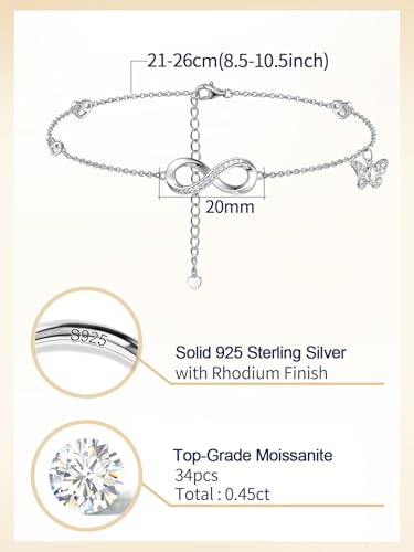 Moissanite Infinity Anklet for Women, Real Authentic 925 Sterling Silver Hypoallergenic, Beautiful Summer Jewelry, Dainty Ankle Bracelet, 8.6-10.6inch (21-26cm) Adjustable - color: Romantic Infinity & Butterfly - White Gold