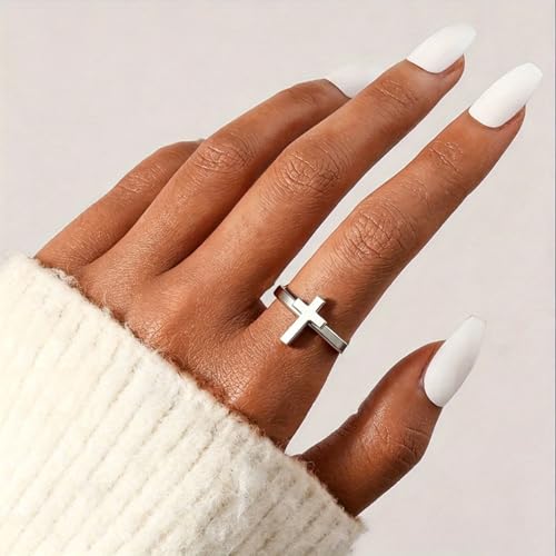 Stainless Steel Cross Open Ring, Minimalist Basic Band, Colorfast Fashion Ring for Teens, Religious & Daily Casual Wear
