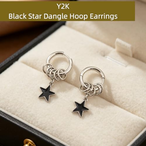 Y2K Black Star Dangle Hoop Earrings for Women Men | Silver Punk Ring Huggie, Edgy Gothic Star Charm, Streetwear Fashion