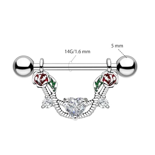 2pcs 14G Nipple Rings Flower Nipple Bars Surgial Steel 316L Nipple Piercing Jewelry Heart Nipple Barbell for Women - color: WHITE HEART