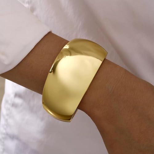 Chunky Gold Bangle Bracelets for Women, 14K Gold Plated Wide Cuff Bracelet | Stackable Open Cuff Bangles, Trendy Statement Jewelry Gift for Women - color: Gold-13