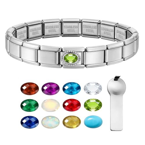 GEMOSA Birthstone Italian Charm Bracelet - 18 Links 9mm x 10mm Stainless Steel Base Bracelet with Birthstone Charm & Link Opener Tool, Polished Silver Finish Jewelry Gift Box Set for Women - color: 08-Aug-Peridot