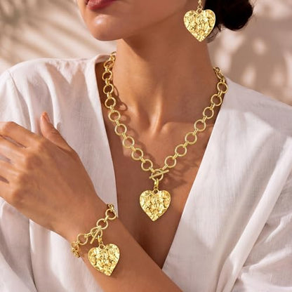 Kingdder 4 Pcs 14k Gold Plated Chunky Gold Heart Jewelry Set for Women Hammered Necklace Bracelet Earrings Set Bold Chunky Heart Pendant Trendy Statement Summer Beach Jewelry Gifts