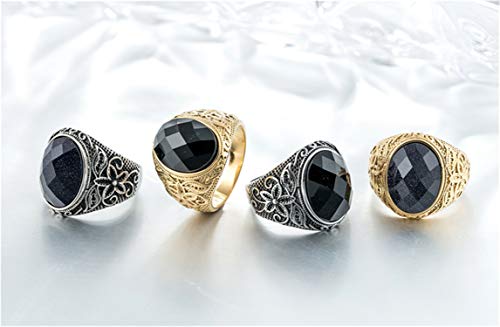 Retro Unisex Stainless Steel Oval Gemstone Hollow Flower Carved Signet Ring - color: Silver-Black
