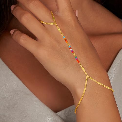 Hand Chain Bracelets for Women - 14K Real Gold Plated Dainty Stackable Paperclip Link Bracelets Hand Chain Bracelet Ring Gold Bracelets for Women Trendy - color: Colorful Twisted Hand Chain