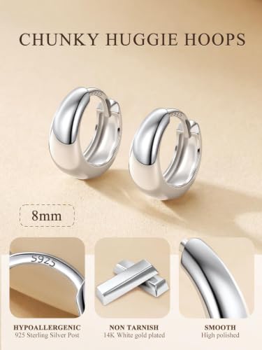Bestyle Gold Huggies Earrings for Women Hypoallergenic 925 Sterling Silver Post Huggie Hoop Earrings Thick Lightweight Small Hoop Earrings 8/10/12/14mm - color: Silver, size: 8mm