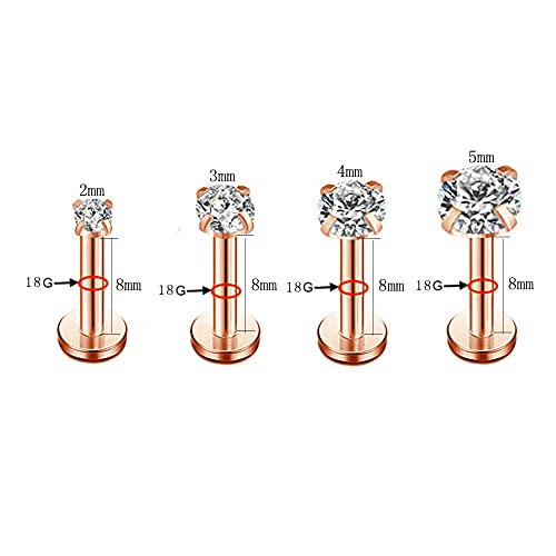 18g CZ Labret Cartilage Tragus Monroe Lip Nose Helix Diamond Studs Earrings for Women Men Stainless Steel Hypoallergenic Cubic Zirconia Minimalist Piercing Jewelry 2mm 3mm 4mm 5mm 4 Pairs Set