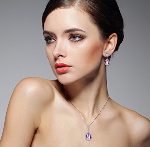 Elegant Jewelry Set for Women Silver Teardrop CZ Drop Earrings and Necklace | Square Teardrop Cubic Zirconia Rhinestone Jewelry Sets Bridal Jewelry Sets for Wedding Bride Bridesmaids Mother of Bride - style: Guardian Angel (Pink)