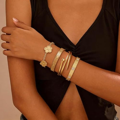 Stackable Gold Bracelets for Women - 4 Sets, 18K Gold Plated Bracelets, Stainless Steel Bangle Bracelets Non-Tarnish, Stylish Gold Jewelry Ensemble, Valentine's Day, Birthday and Christmas Jewelry Gifts - color: A1-(Gold 4Sets)