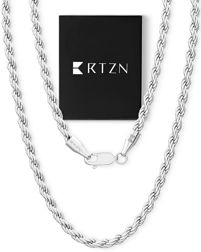RTZN® Gold Rope Chain for Men – 3mm, 4mm Mens Rope Chain – Premium Stainless Steel Necklace for Men & Boys – Non-Tarnish & Waterproof Black, Silver, Gold Mens Chain Necklaces – 18/20/22/24/26" Inches - color: 4mm Silver, size: 18" Inches