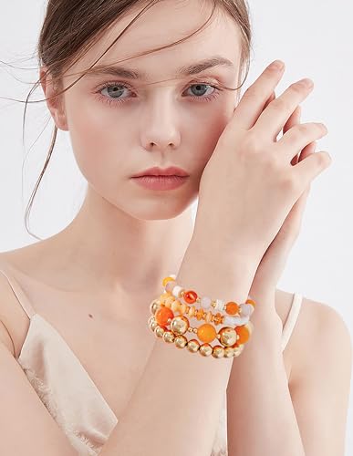 LALAPPLE Gold Plated Beaded Acrylic Bamboo Tube Bangle Bracelets for Women, Colorful Chunky Curved Tube With Gold Plated Pieces Beads Stretch Bracelet Friendship Summer Beach Jewelry - color: A-Style 1-gold 4pcs