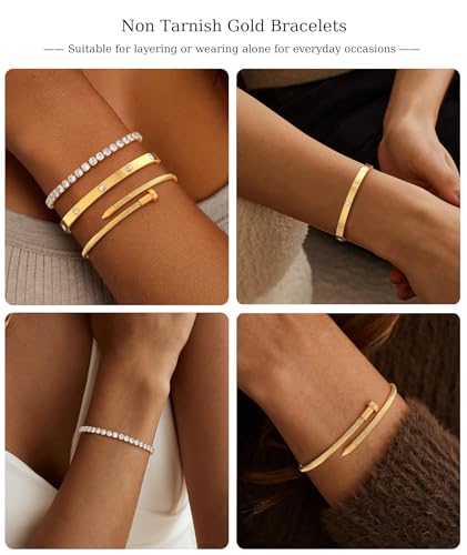 ZOERAY Silver Gold Bangle Bracelets for Women Non Tarnish 14k Gold Plated Stackable Cuff Bracelets for Women Trendy Cubic Zirconia Stainless Steel Chunky Bracelet Stack Set Waterproof Jewelry Gifts - color: B.Tennis-Gold